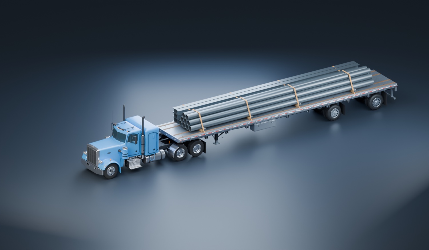 AVS flatbed truck carrying structural steel, a 3D illustration